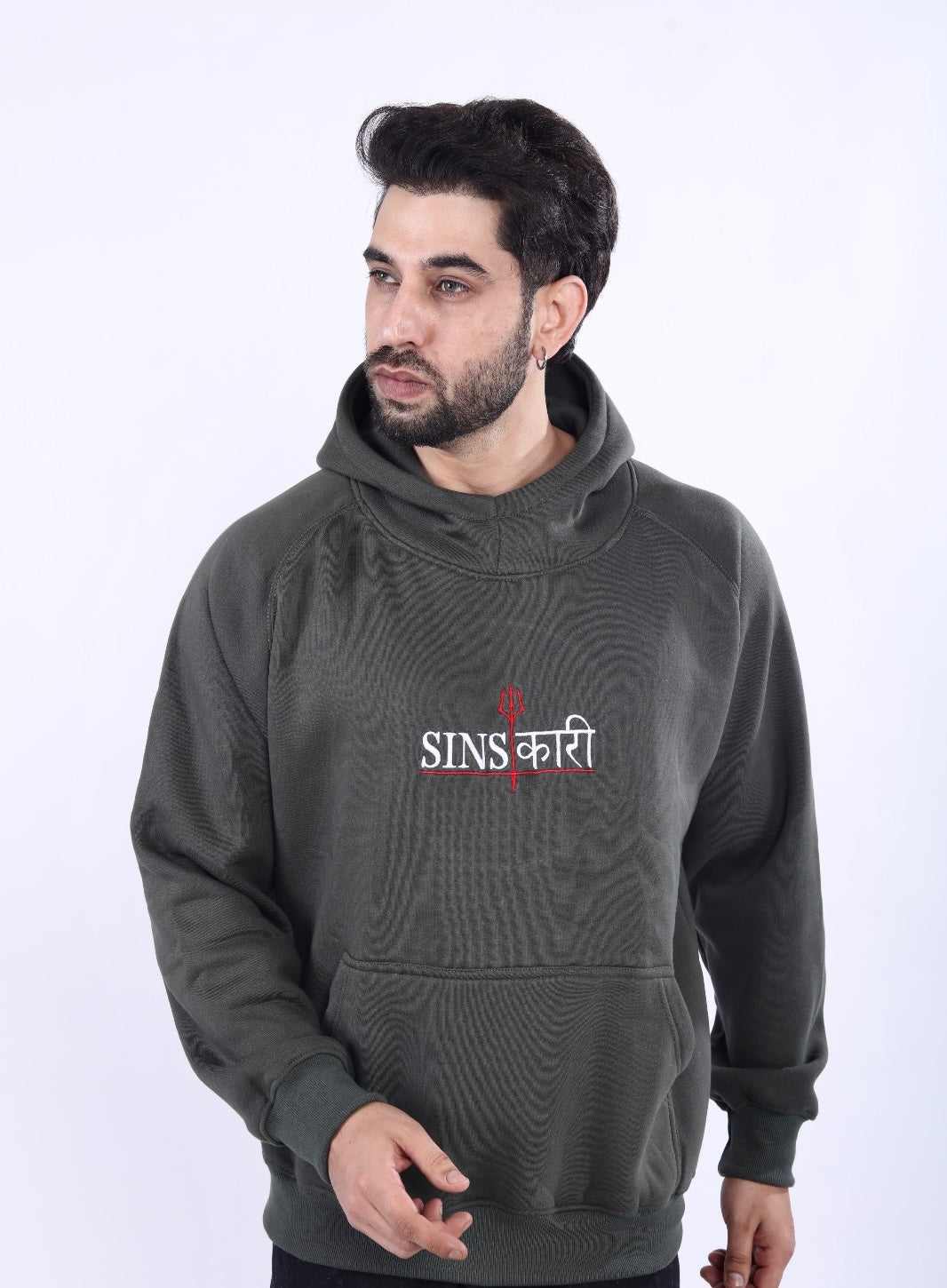 Olive Green Solid Sinskari Crew Hoodie Main image
