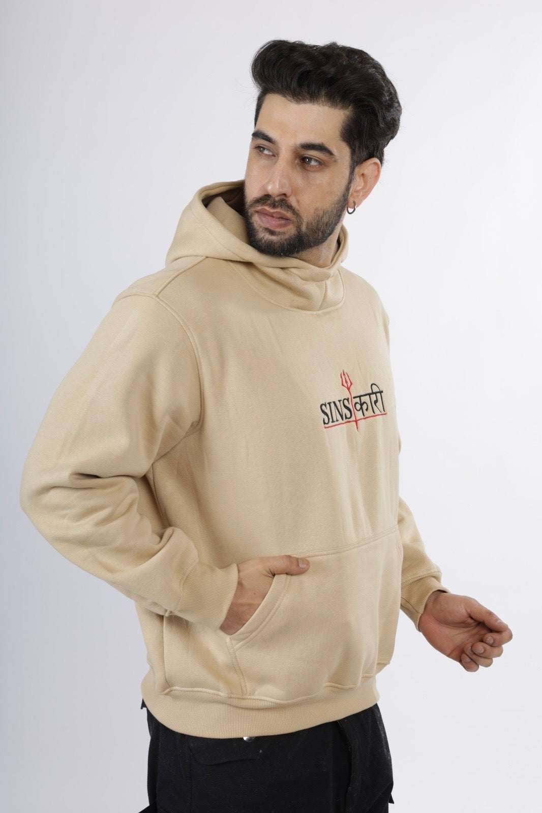Beige Solid Crew Hoodie