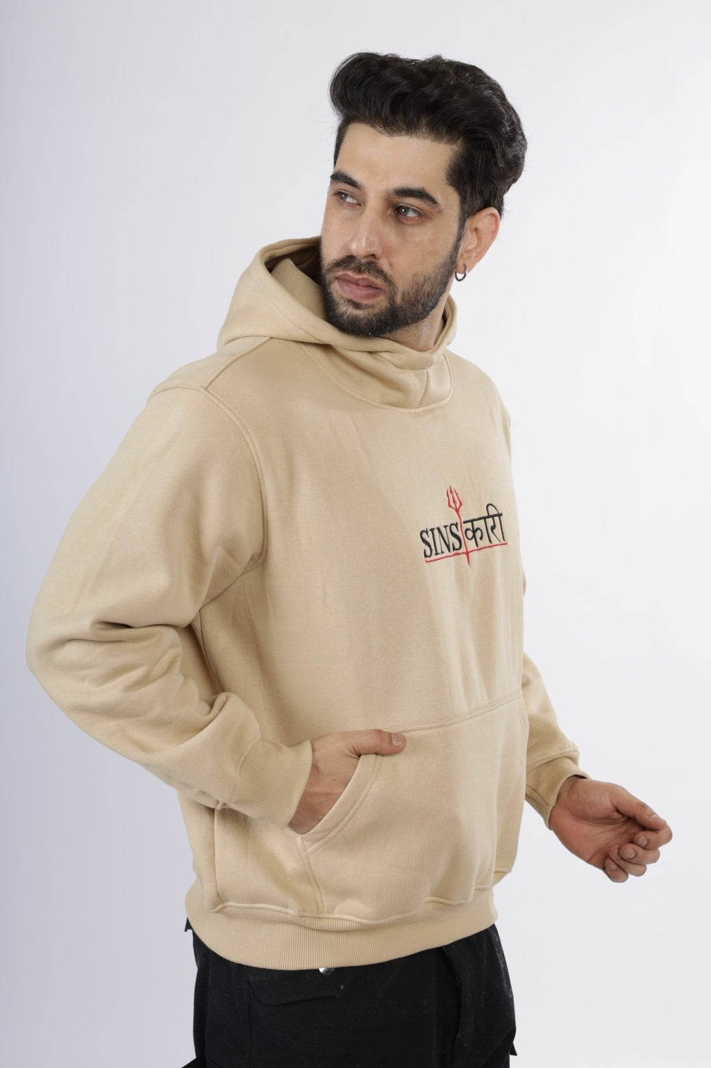 Beige Solid Crew Hoodie