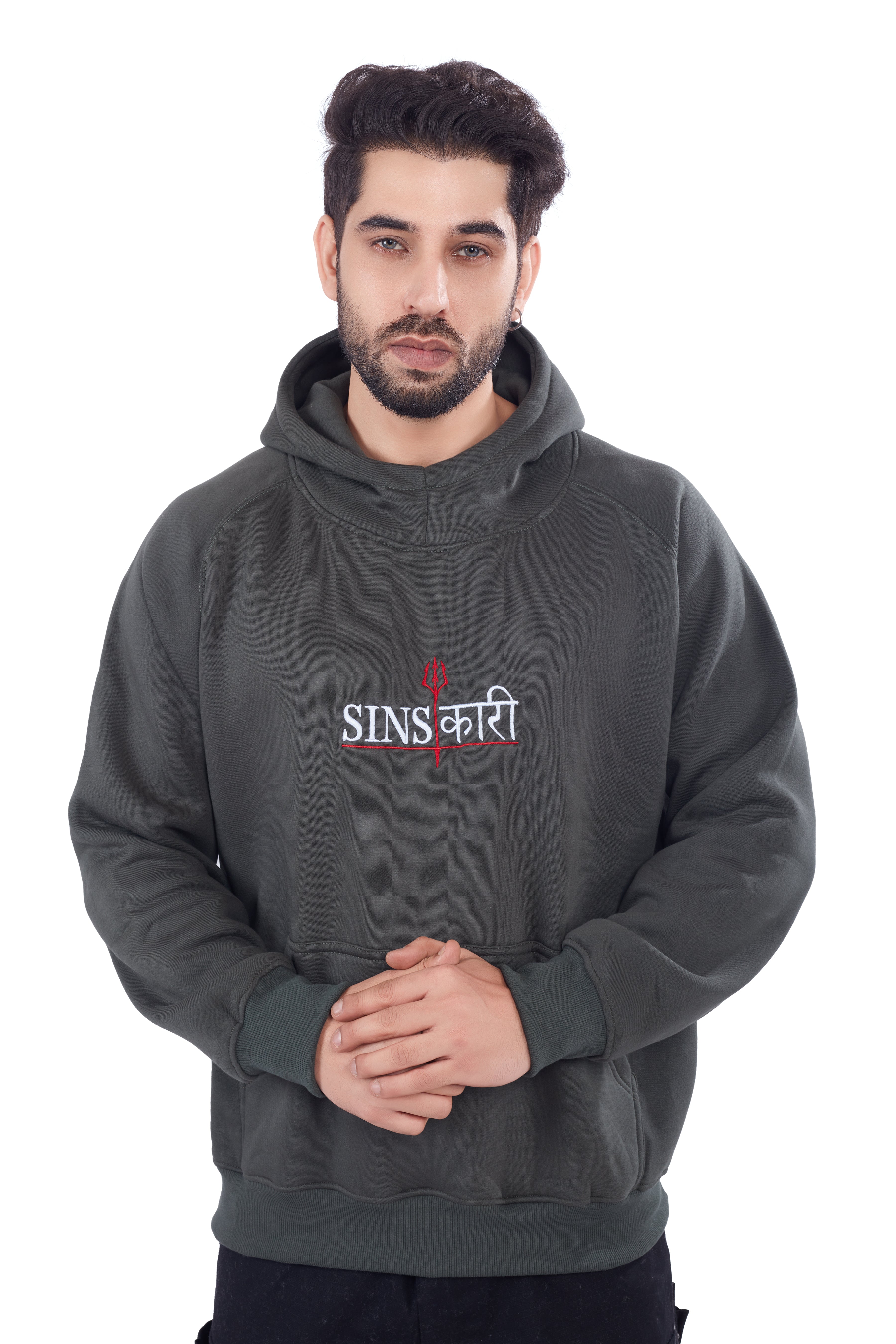 Olive Green Solid Sinskari Crew Hoodie