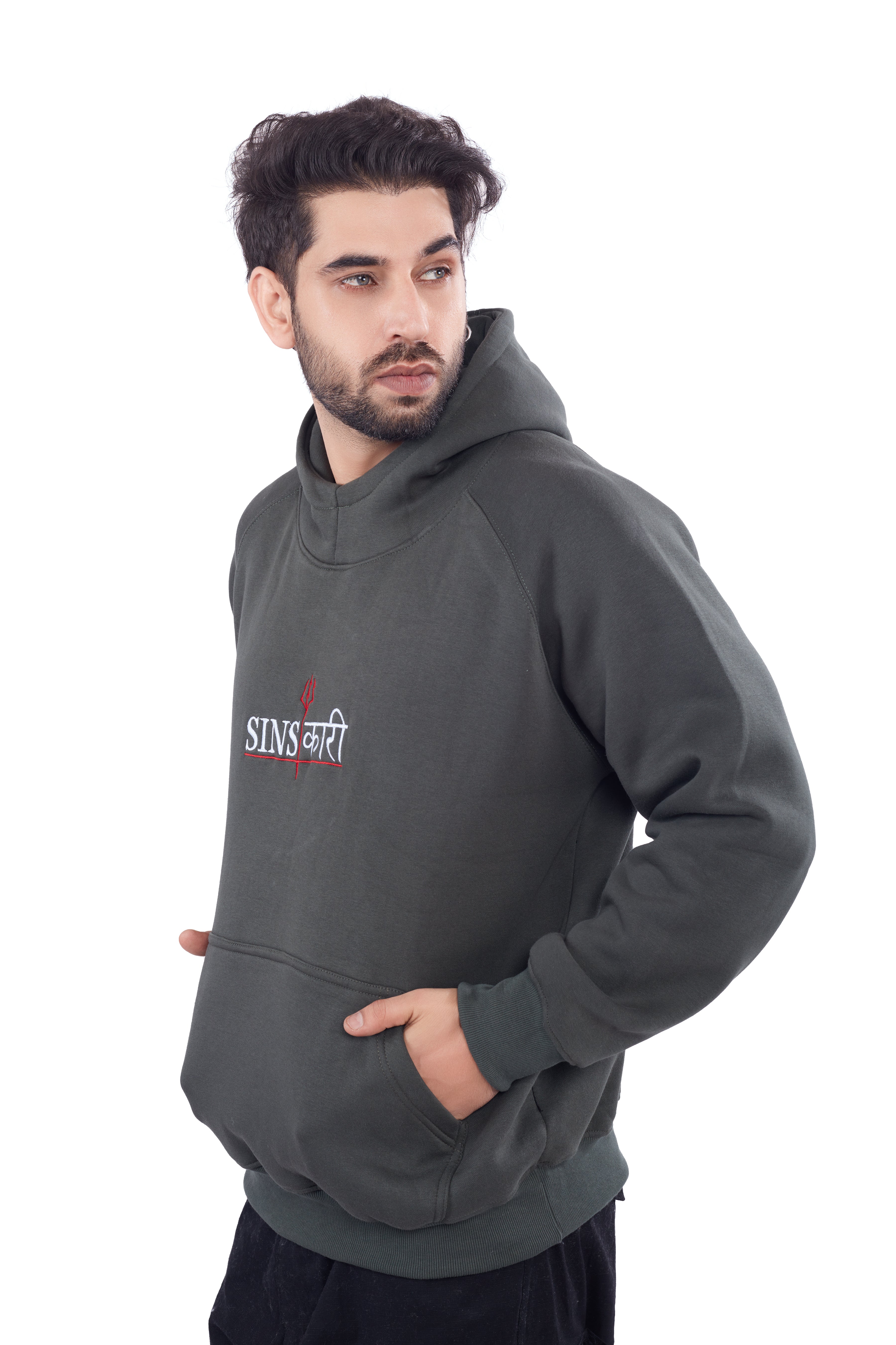 Olive Green Solid Sinskari Crew Hoodie