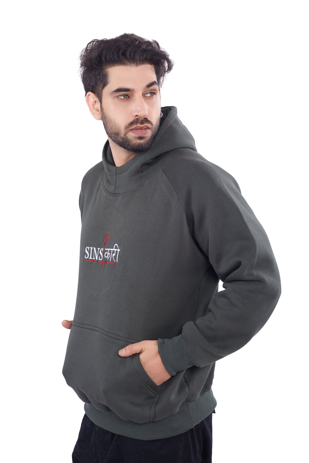 Olive Green Solid Sinskari Crew Hoodie