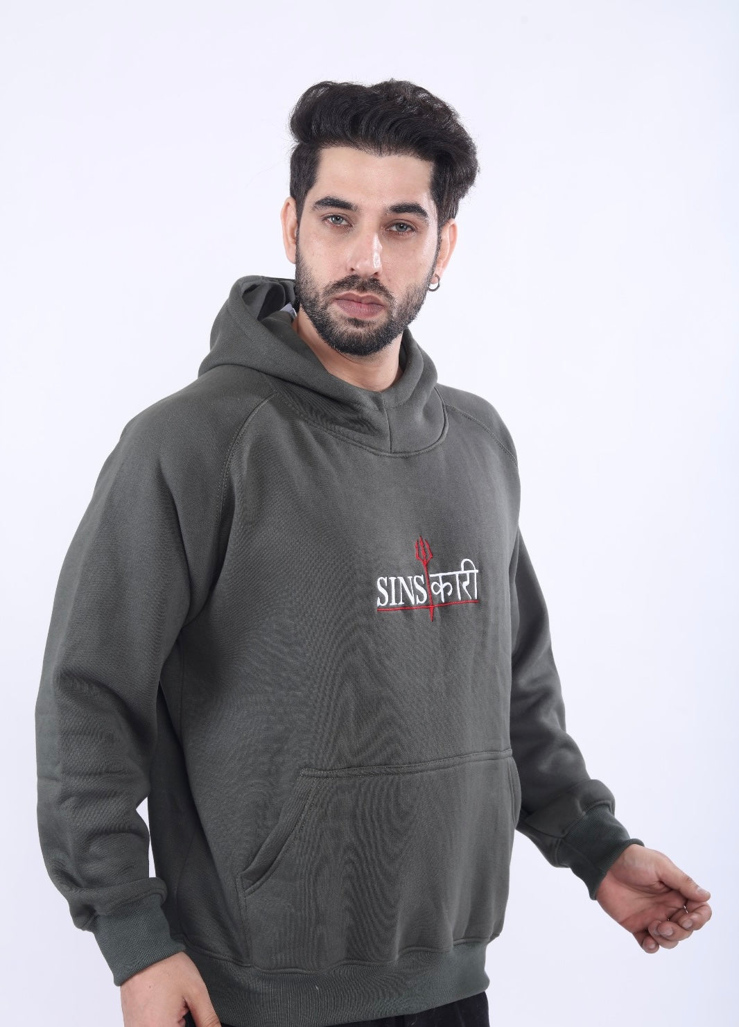 Olive Green Solid Sinskari Crew Hoodie