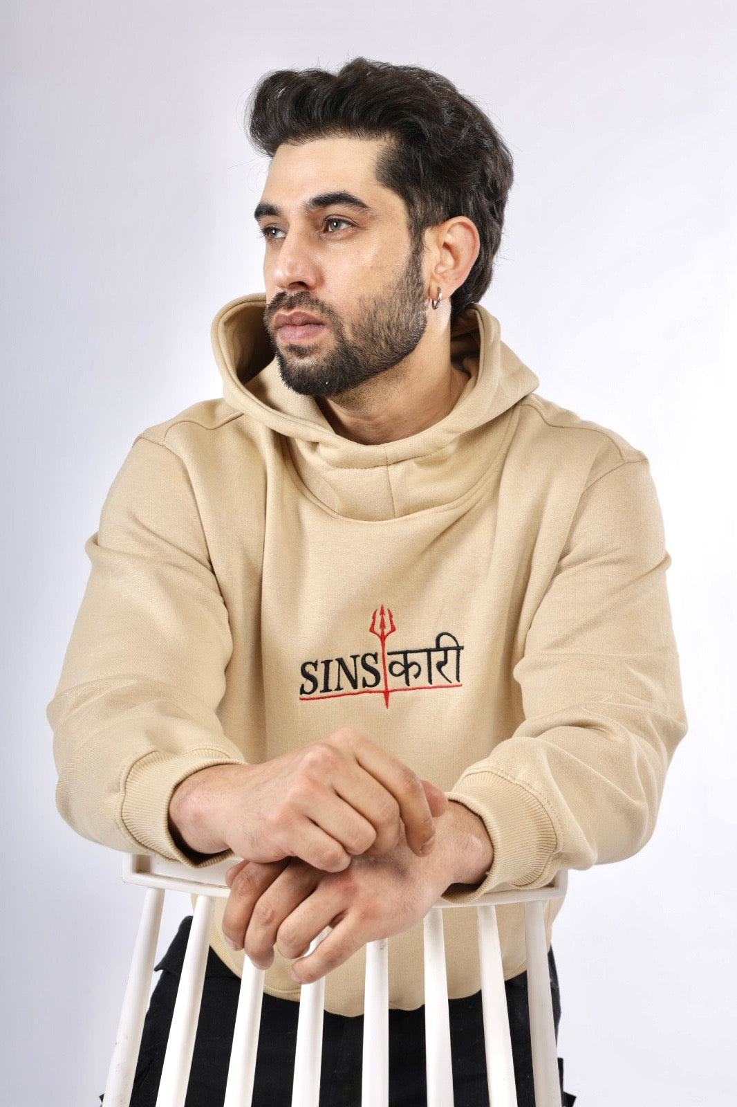 Beige Solid Crew Hoodie Main image