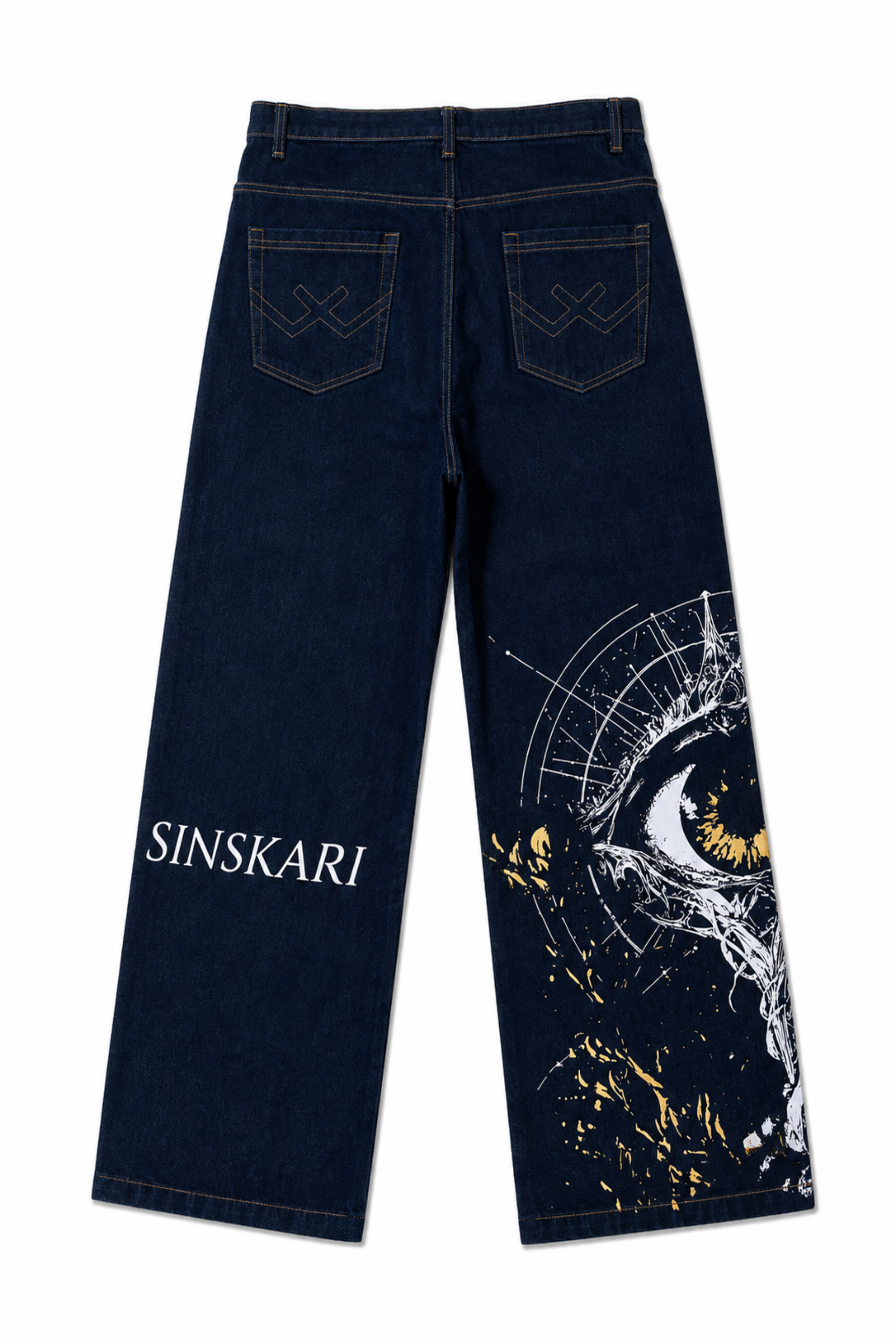 Dark blue denim jeans shown from the back, featuring 'SINSKARI' printed in white on the left leg and a large white and gold eye graphic with gold paint splatters on the right leg.