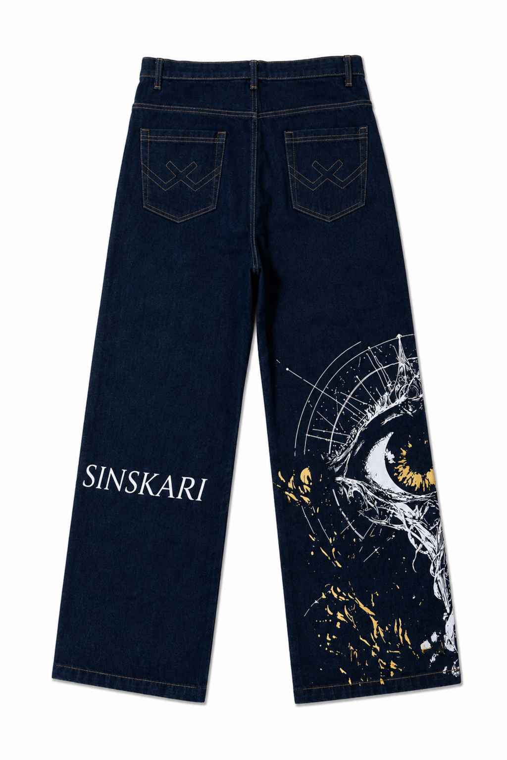 Dark blue denim jeans shown from the back, featuring 'SINSKARI' printed in white on the left leg and a large white and gold eye graphic with gold paint splatters on the right leg.