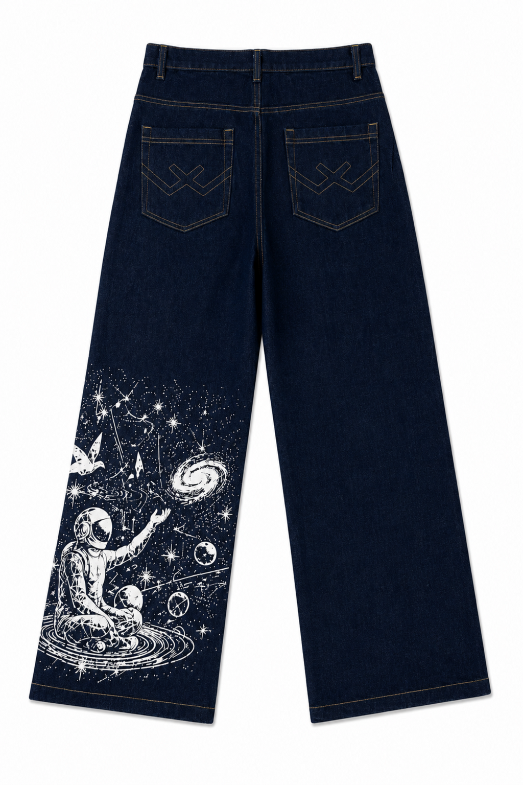 Dark blue denim jeans shown from the back, featuring a white space-themed graphic print of an astronaut and stars on the lower left leg, with contrast stitching and double-pocket back details.