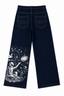 Dark blue denim jeans shown from the back, featuring a white space-themed graphic print of an astronaut and stars on the lower left leg, with contrast stitching and double-pocket back details.
