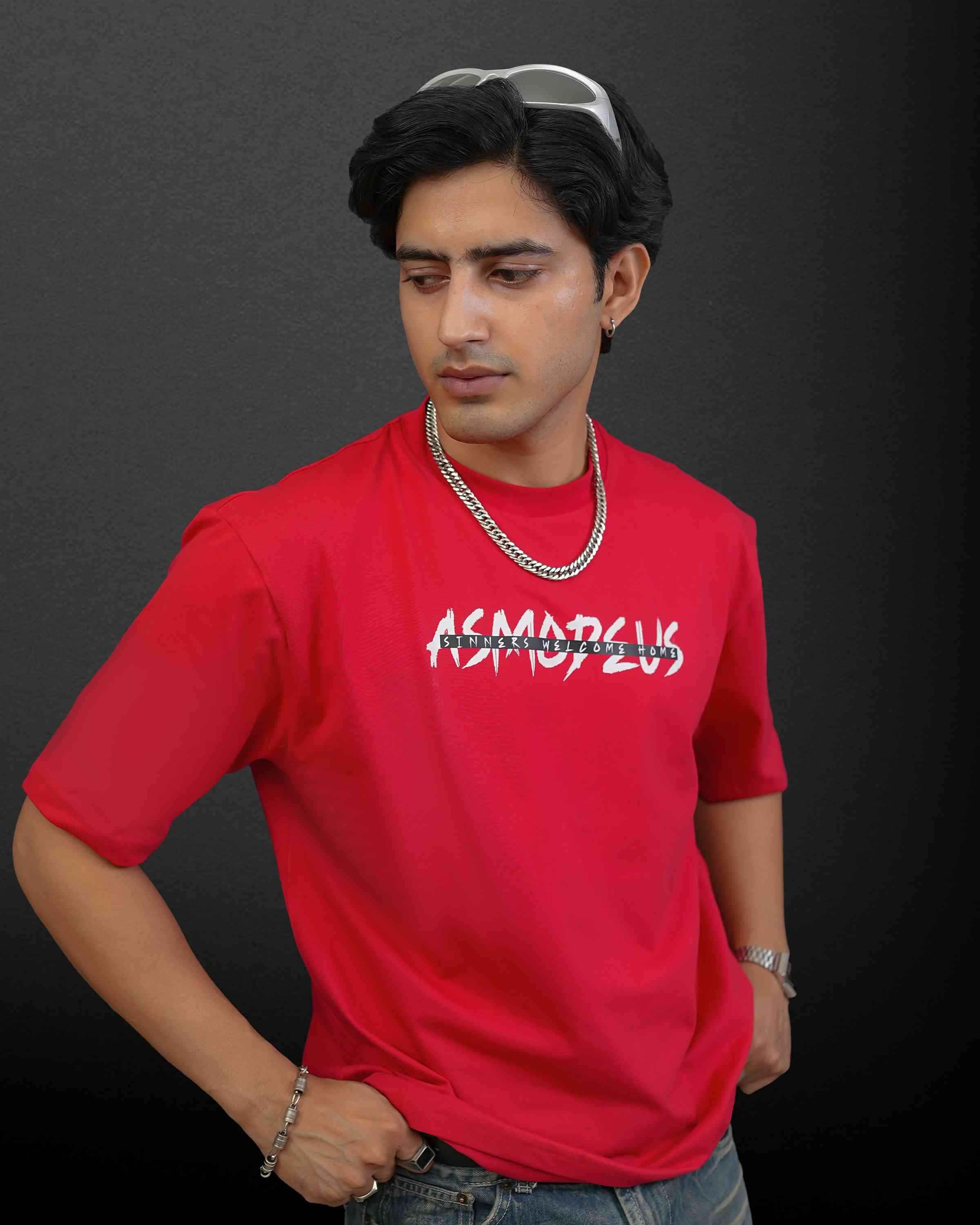 "Asmodeus calling" Red Oversized T-Shirt